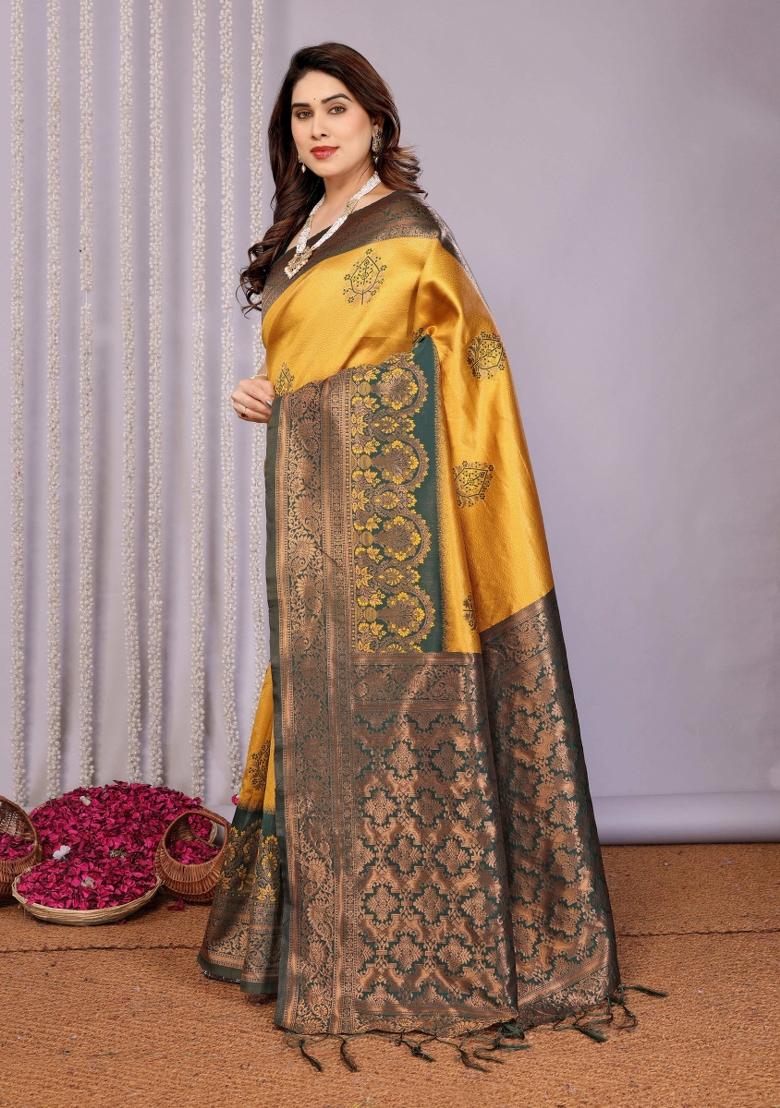 Yellow And Green Woven Silk Sarees - Indya