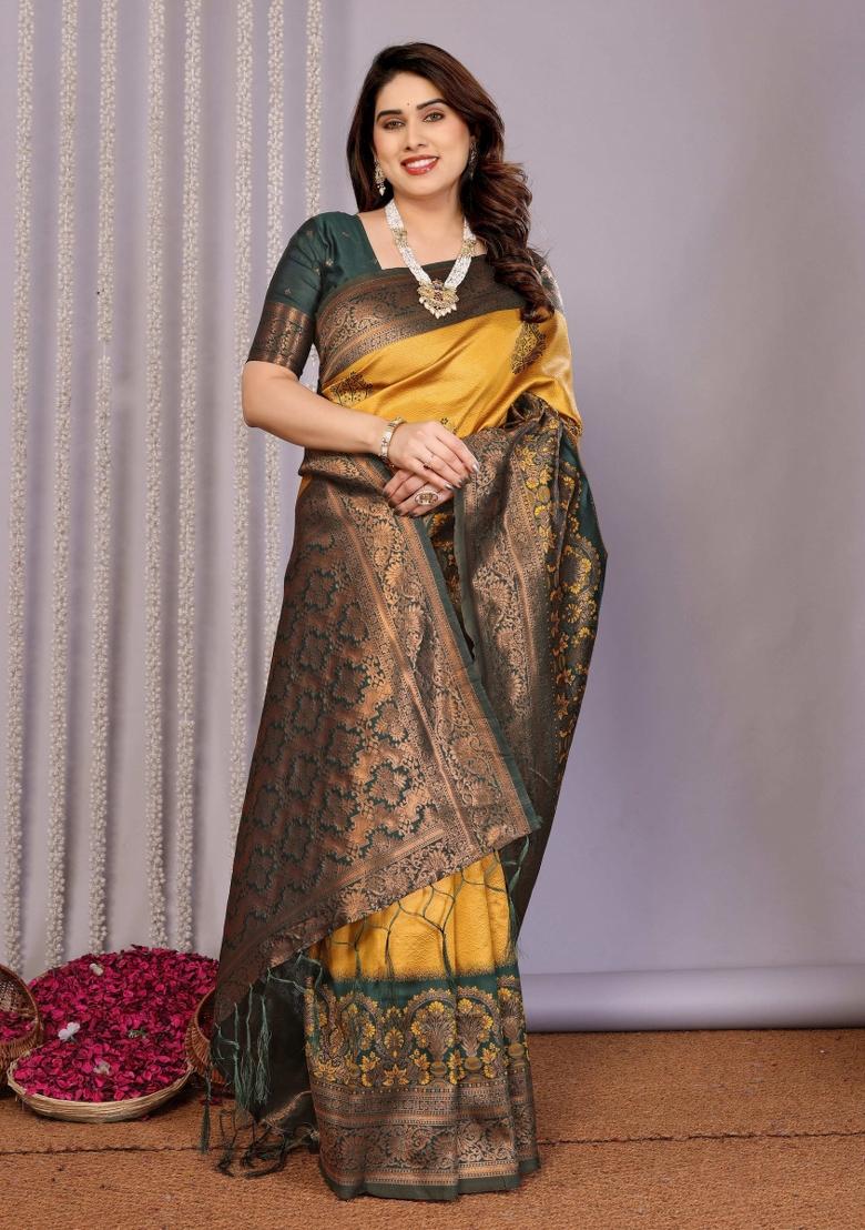 Yellow And Green Woven Silk Sarees - Indya
