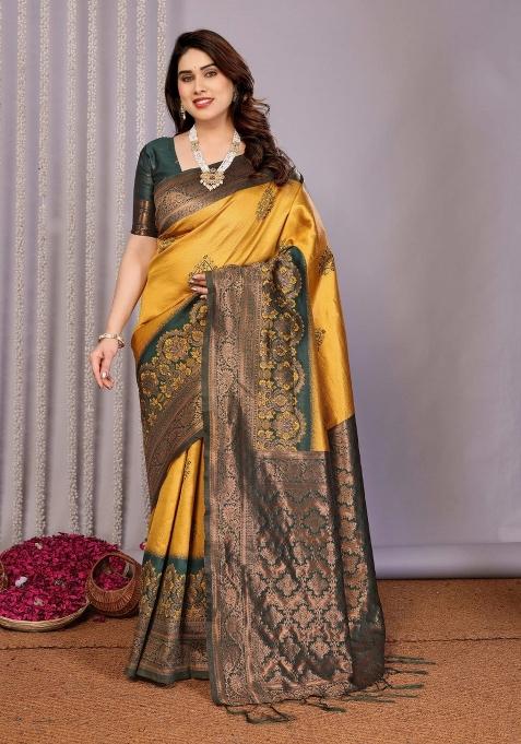 Yellow And Green Woven Silk Sarees
