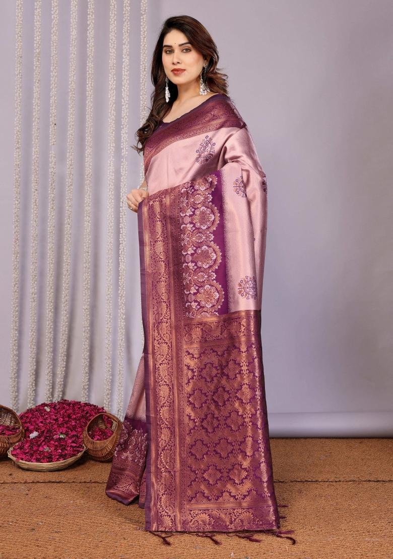 Pink And Purple Woven Silk Sarees - Indya