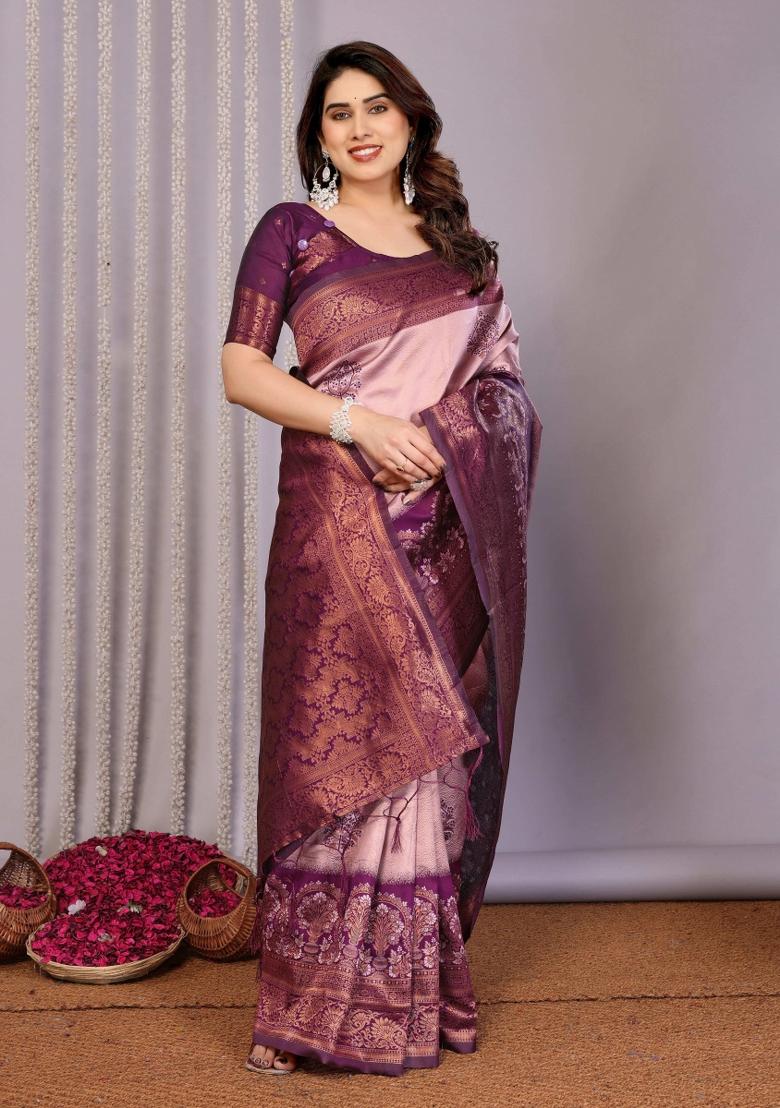 Pink And Purple Woven Silk Sarees - Indya