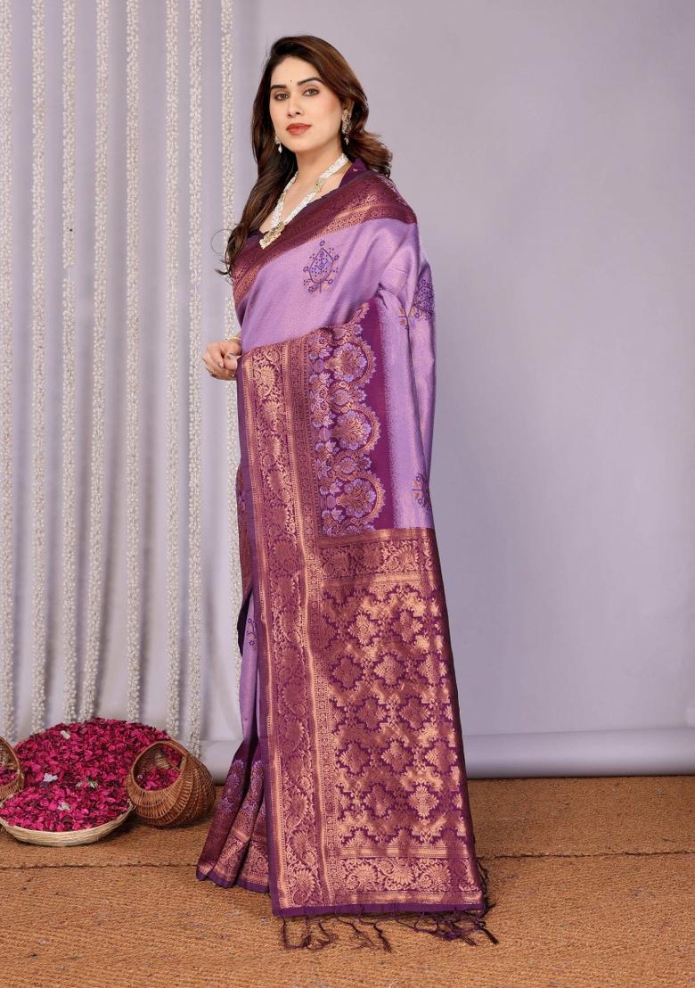 Pink And Purple Woven Silk Sarees - Indya