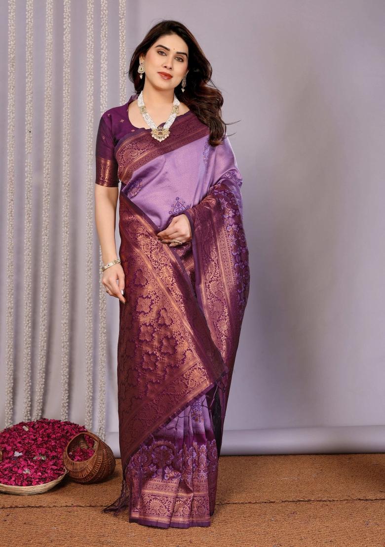 Pink And Purple Woven Silk Sarees - Indya