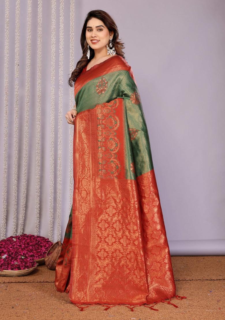 Green And Maroon Woven Silk Sarees - Indya