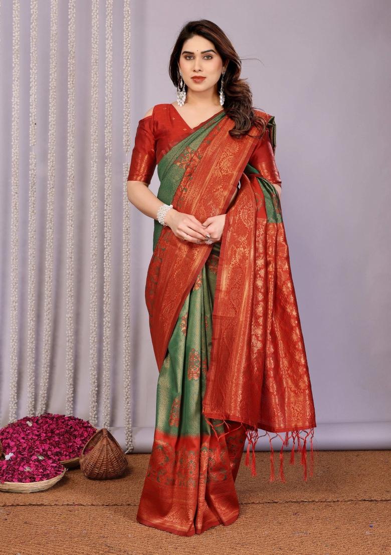 Green And Maroon Woven Silk Sarees - Indya