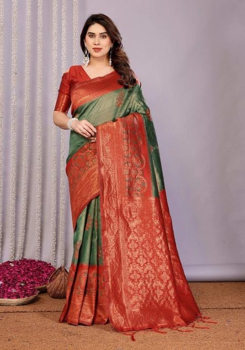 Green And Maroon Woven Silk Sarees