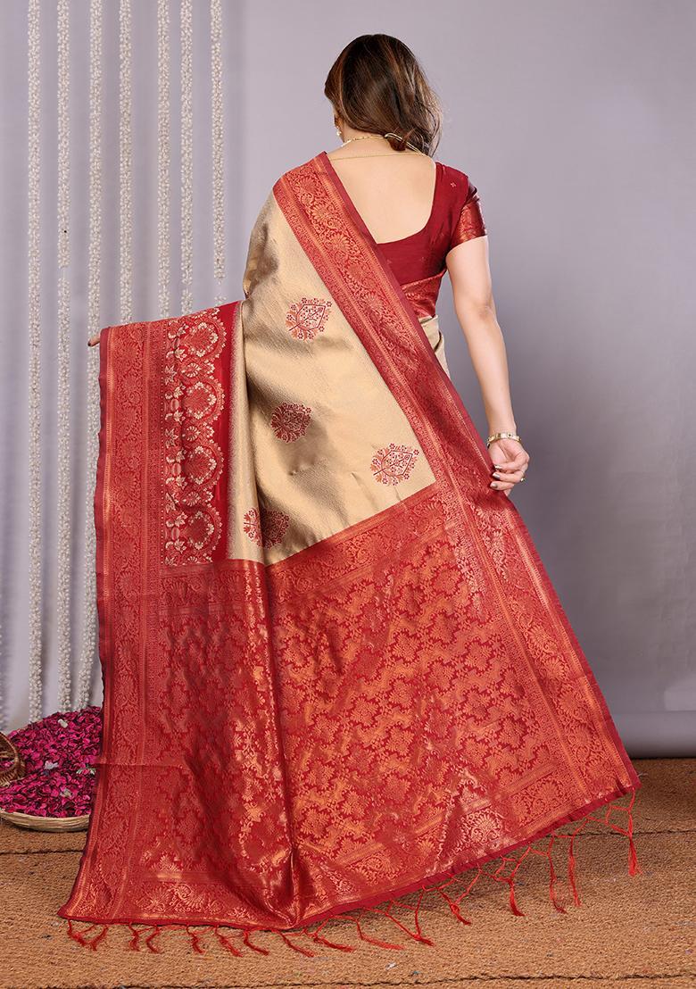 Cream And Maroon Woven Silk Sarees - Indya