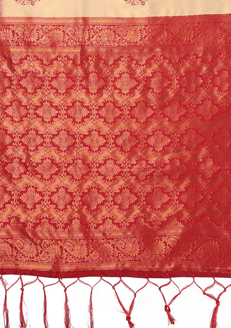 Cream And Maroon Woven Silk Sarees - Indya