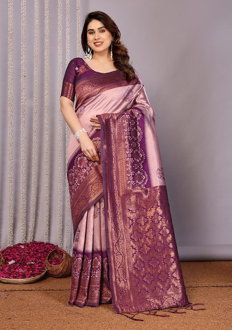 Pink And Purple Woven Silk Sarees - Indya
