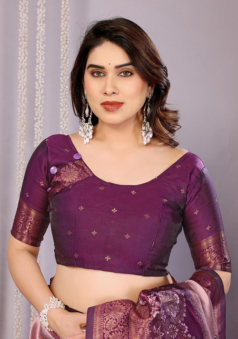 Pink And Purple Woven Silk Sarees - Indya