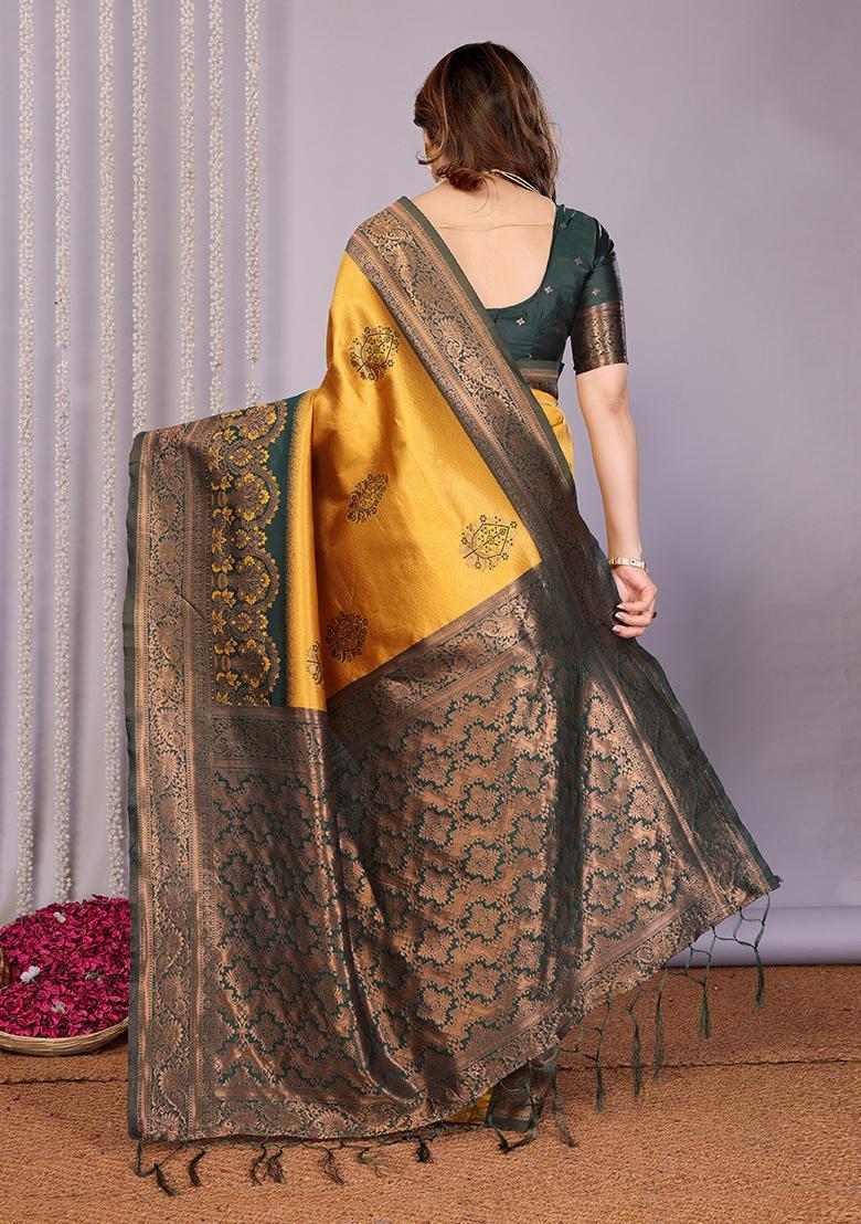 Yellow And Green Woven Silk Sarees - Indya
