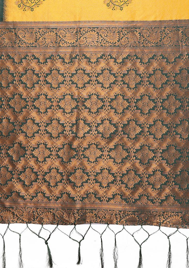 Yellow And Green Woven Silk Sarees - Indya