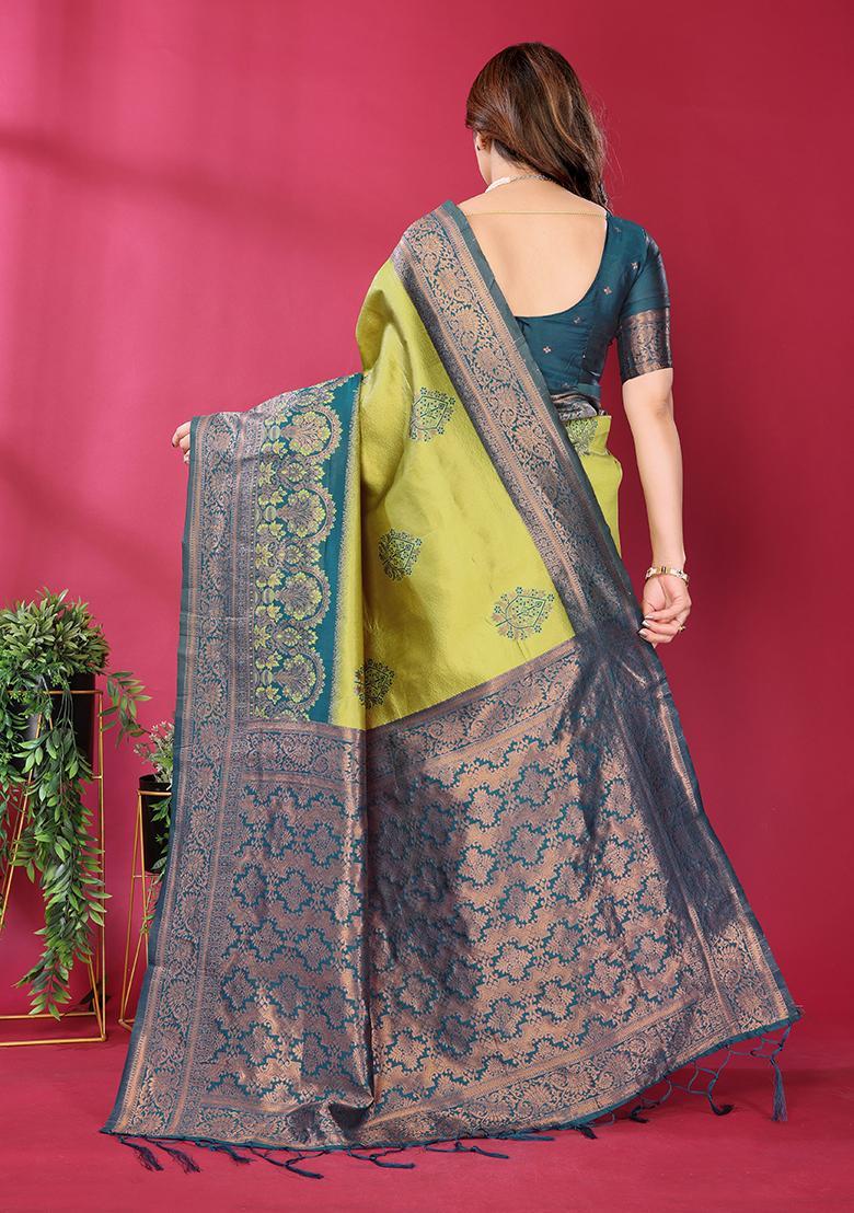 Yellow And Light Blue Woven Silk Sarees - Indya