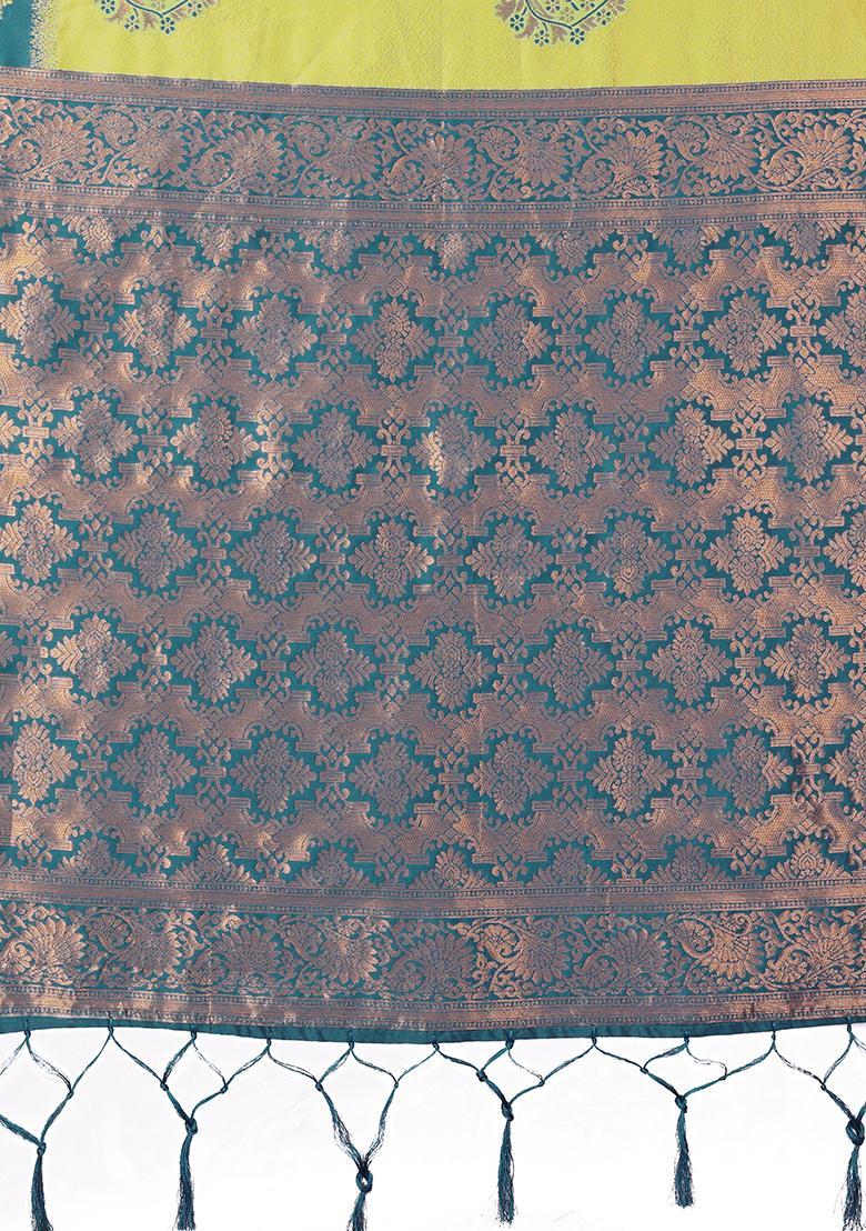 Yellow And Light Blue Woven Silk Sarees - Indya