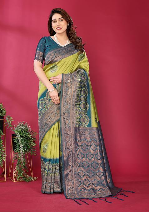 Yellow And Light Blue Woven Silk Sarees