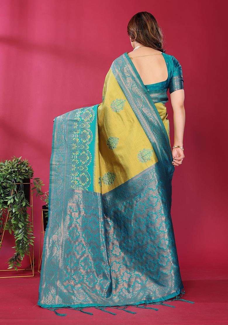 Yellow And Light Blue Woven Silk Sarees - Indya