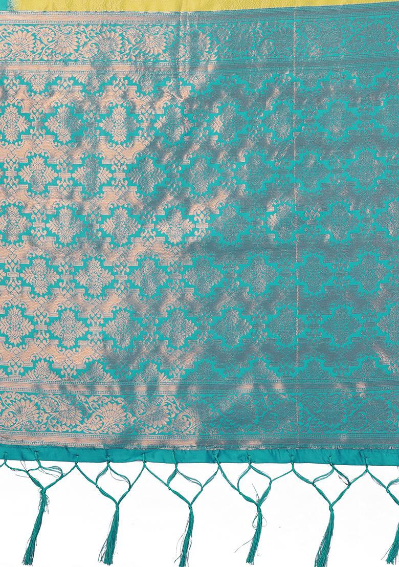 Yellow And Light Blue Woven Silk Sarees - Indya
