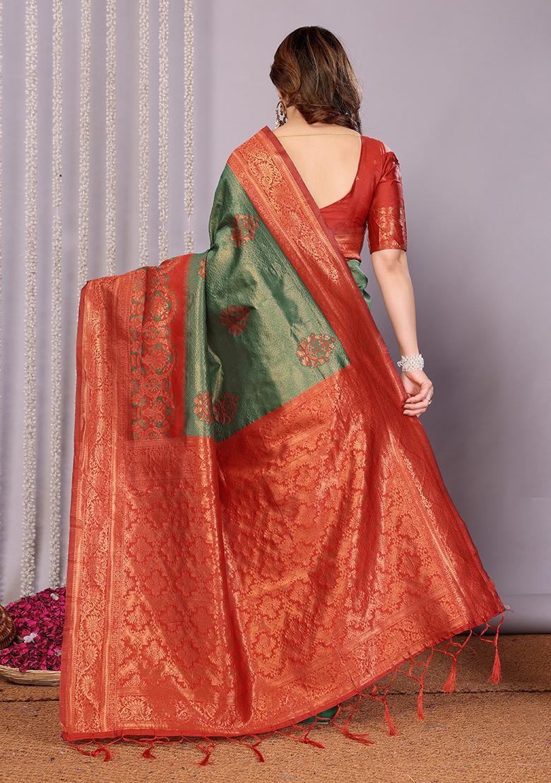 Green And Maroon Woven Silk Sarees - Indya