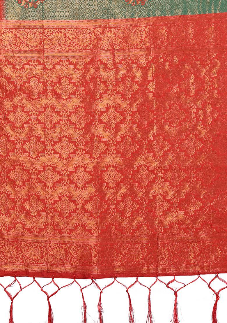 Green And Maroon Woven Silk Sarees - Indya