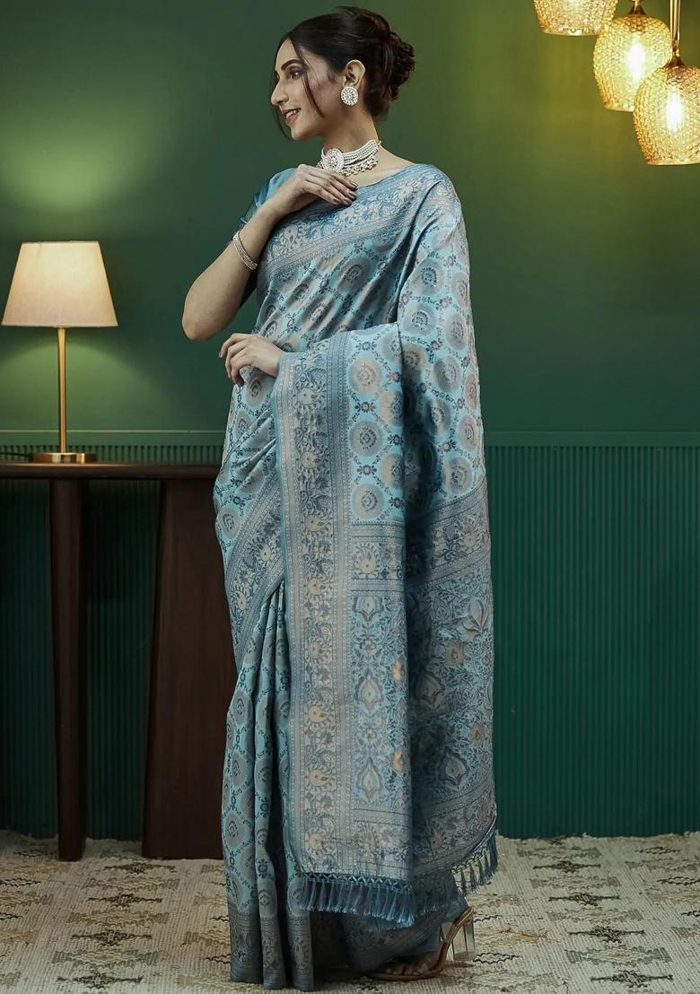 Blue Woven Silk Sarees - Indya