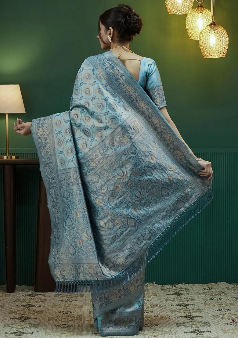 Blue Woven Silk Sarees - Indya