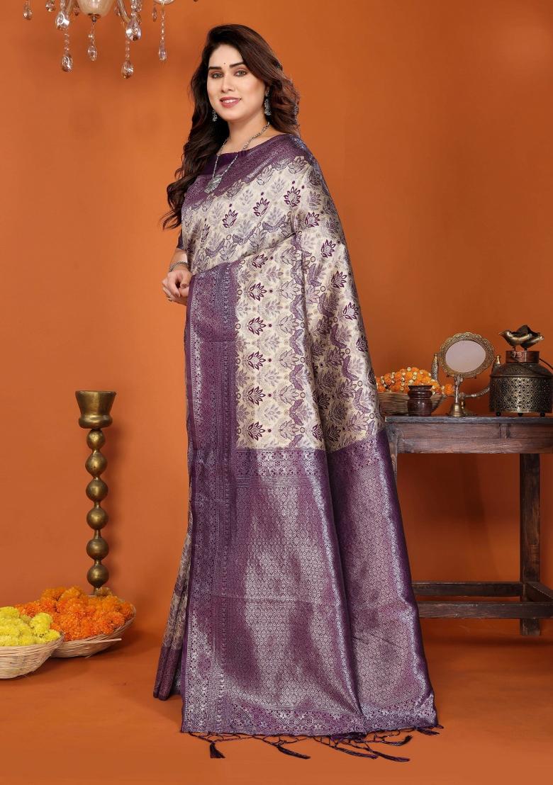 Cream And Purple Woven Silk Sarees - Indya