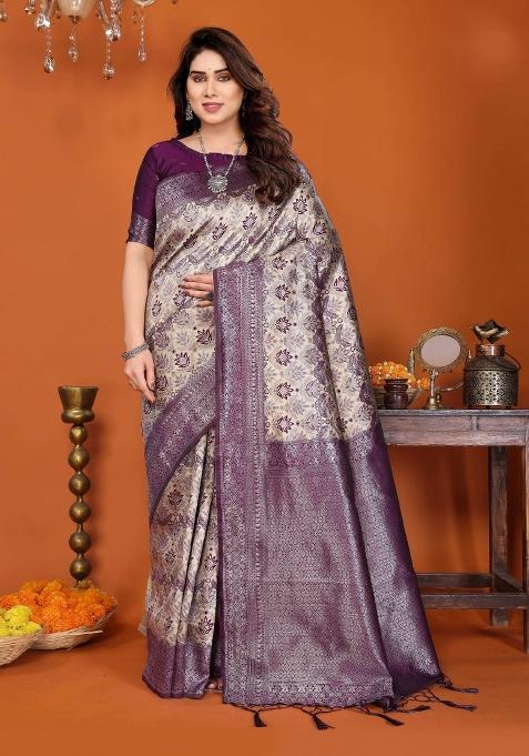 Cream And Purple Woven Silk Sarees