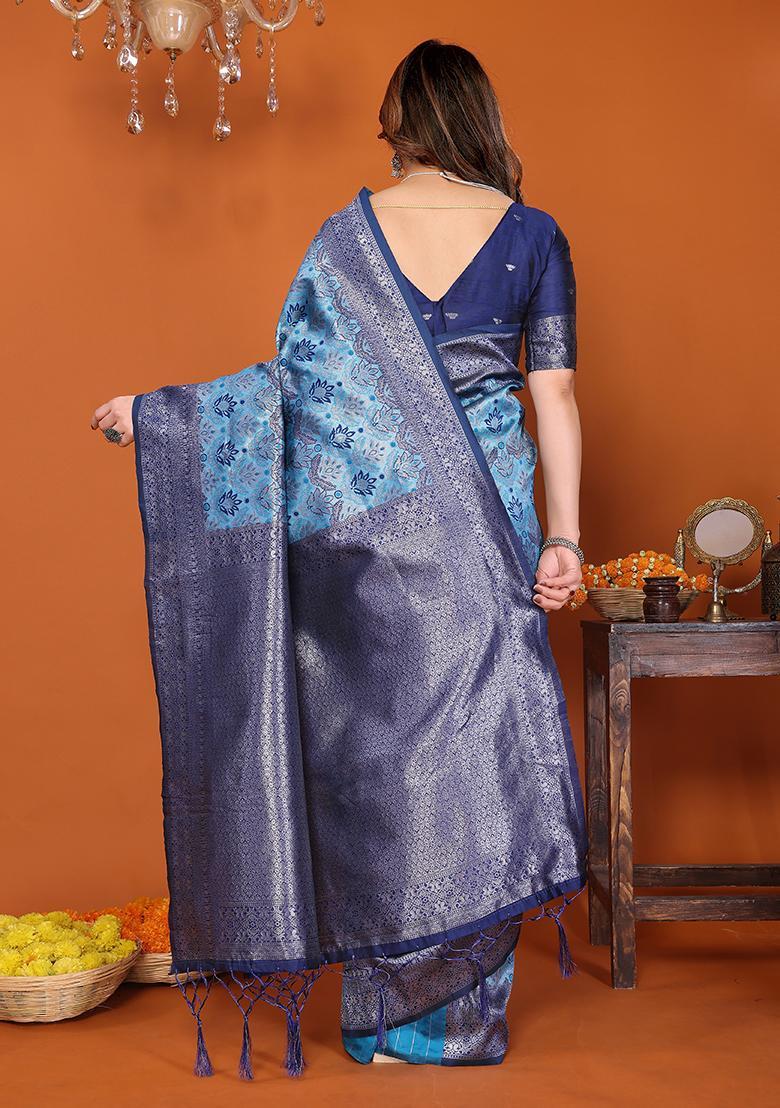 Light Blue Woven Silk Sarees - Indya