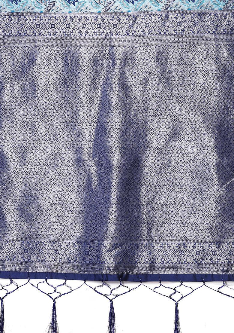 Light Blue Woven Silk Sarees - Indya