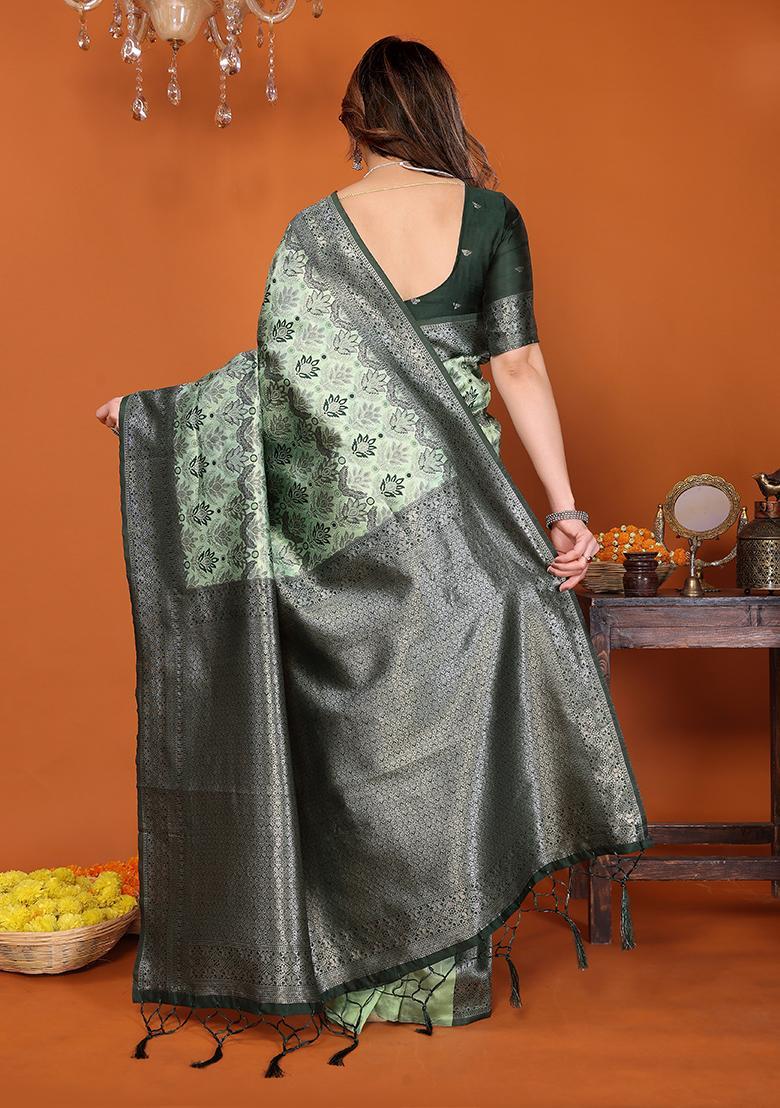 Light Green And Green Woven Silk Sarees - Indya