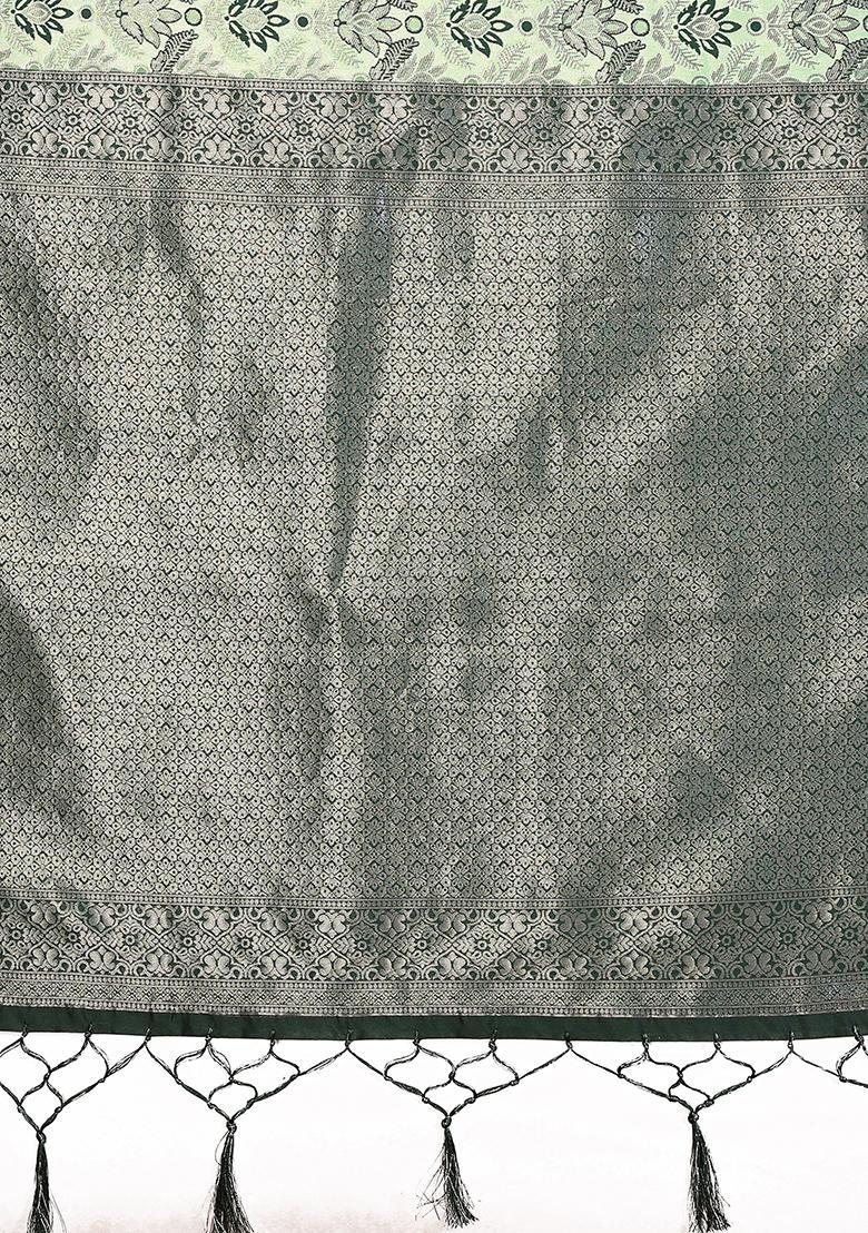Light Green And Green Woven Silk Sarees - Indya