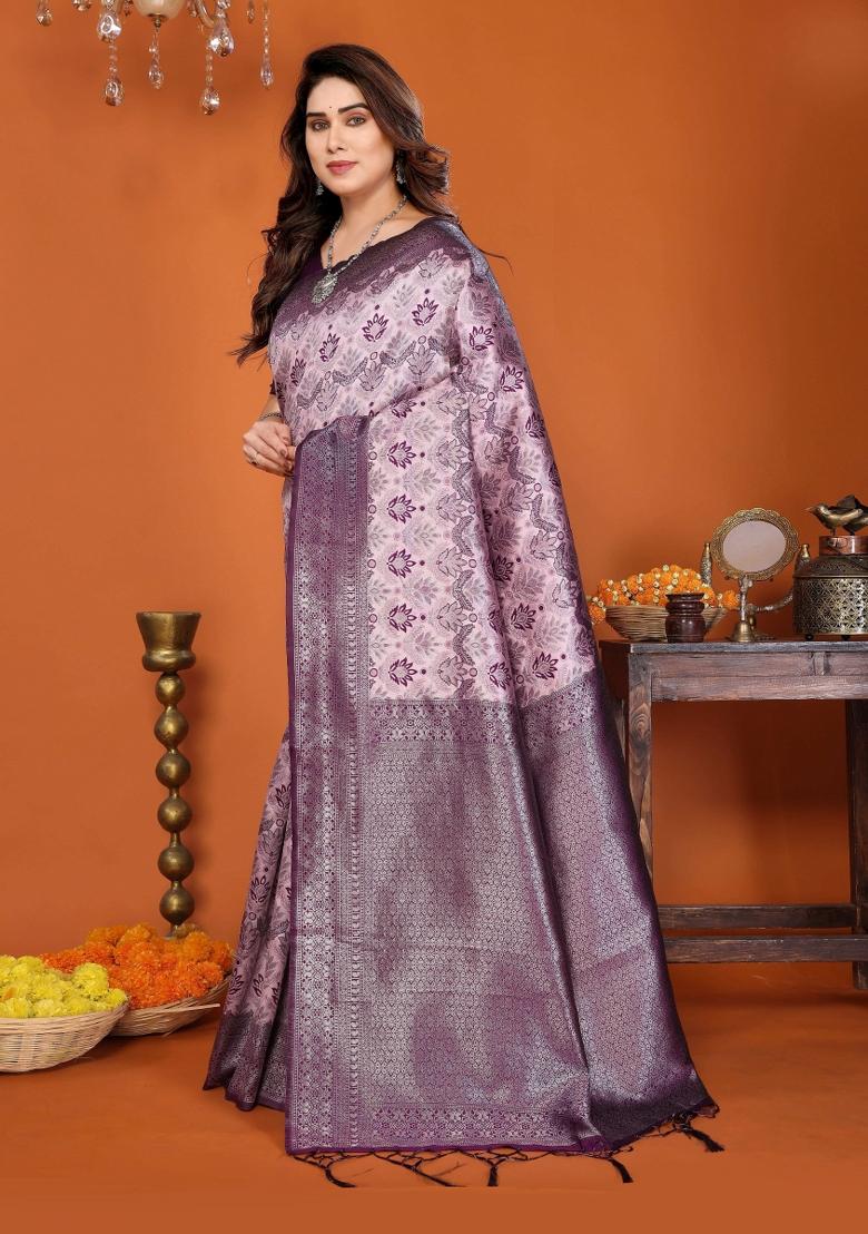 Pink And Purple Woven Silk Sarees - Indya