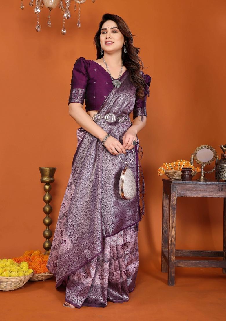 Pink And Purple Woven Silk Sarees - Indya