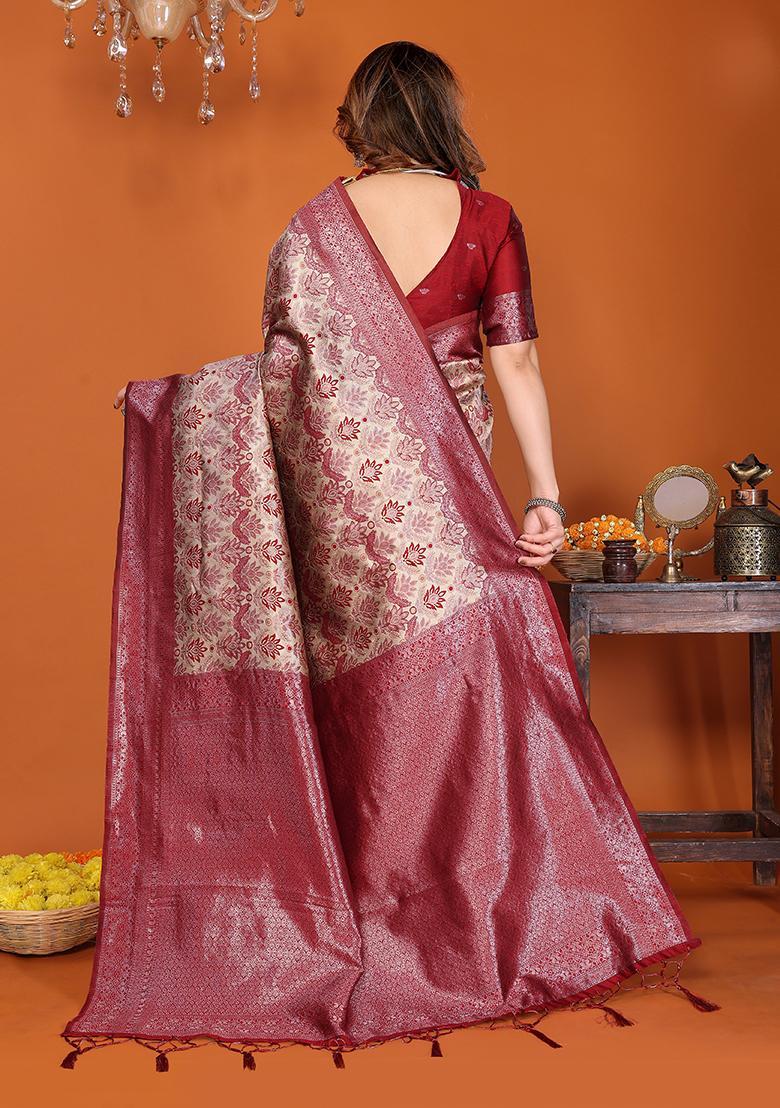 Cream And Red Woven Silk Sarees - Indya