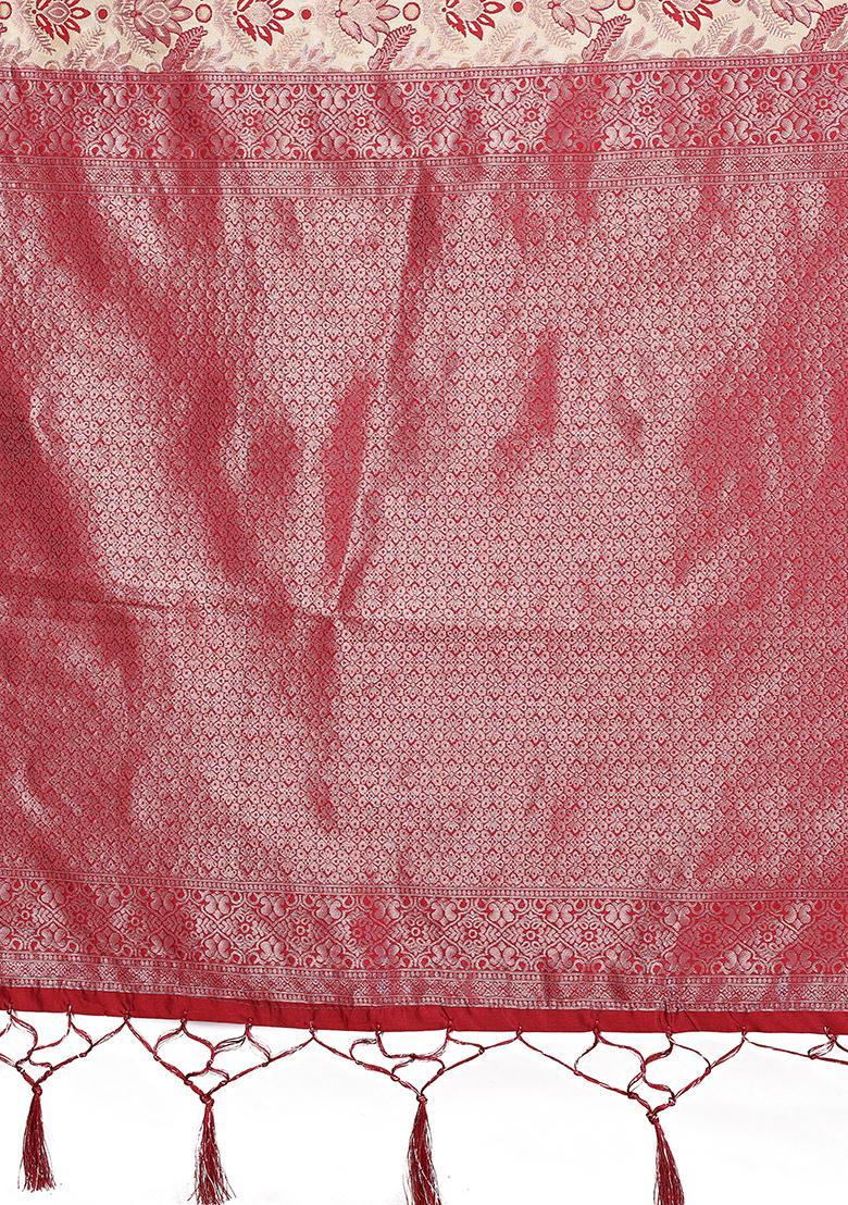 Cream And Red Woven Silk Sarees - Indya