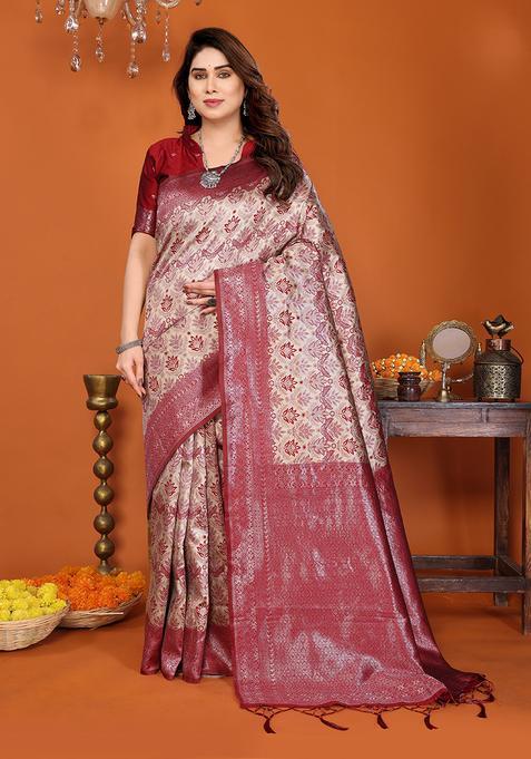 Cream And Red Woven Silk Sarees