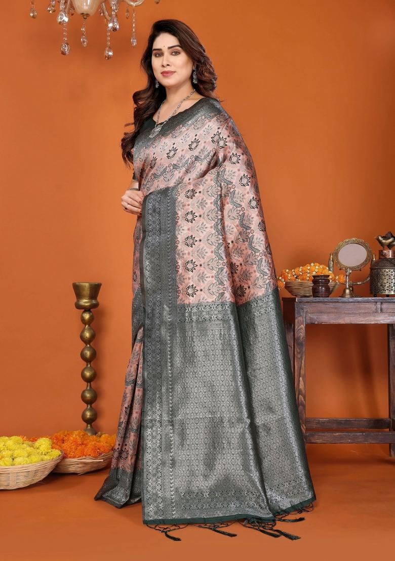 Orange And Green Woven Silk Sarees - Indya