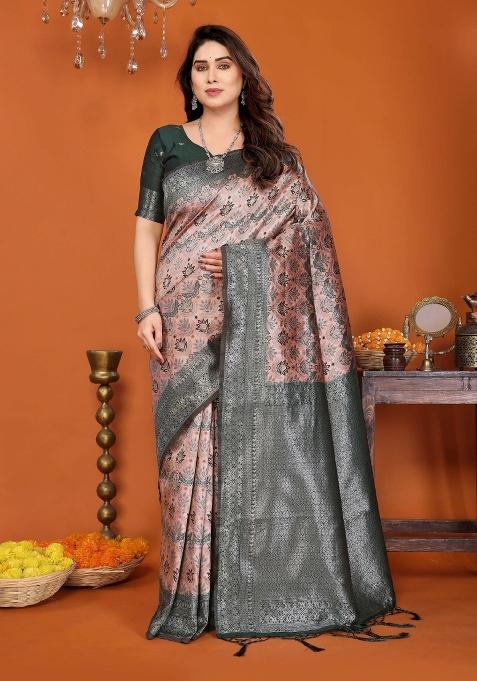 Orange And Green Woven Silk Sarees