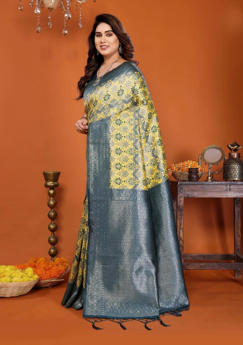 Yellow And Blue Woven Silk Sarees - Indya