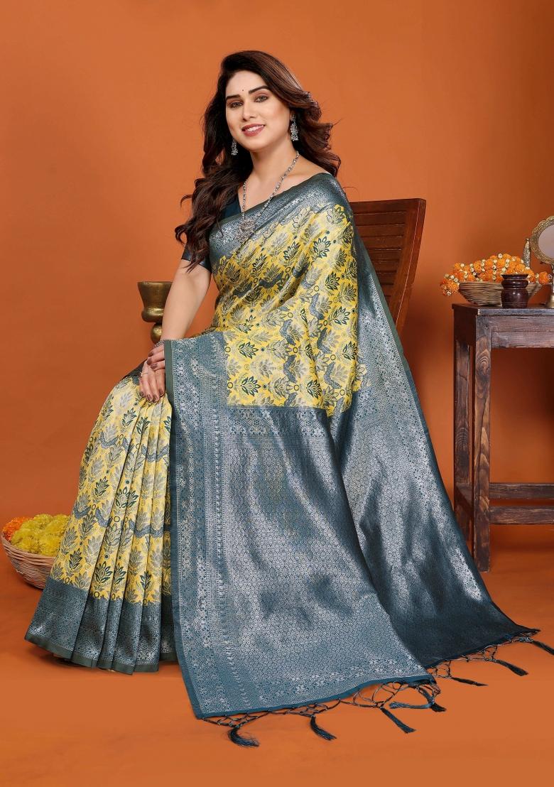 Yellow And Blue Woven Silk Sarees - Indya