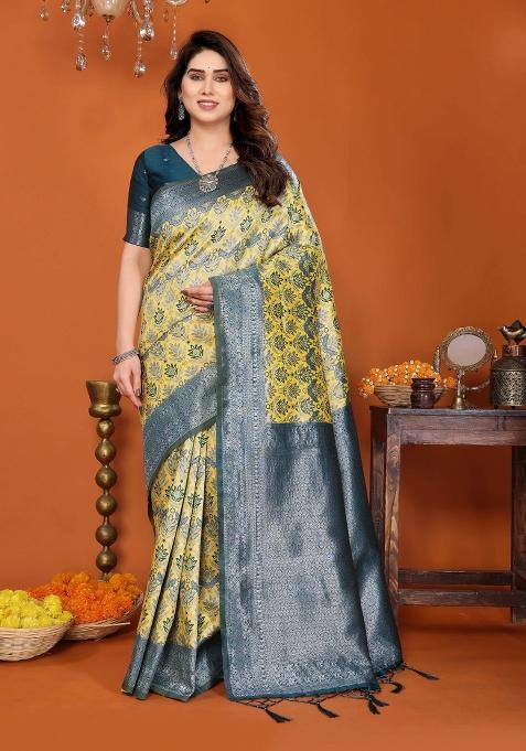 Yellow And Blue Woven Silk Sarees