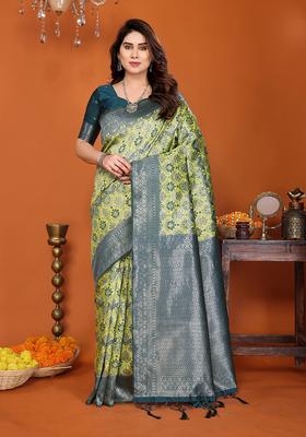Yellow And Blue Woven Silk Sarees
