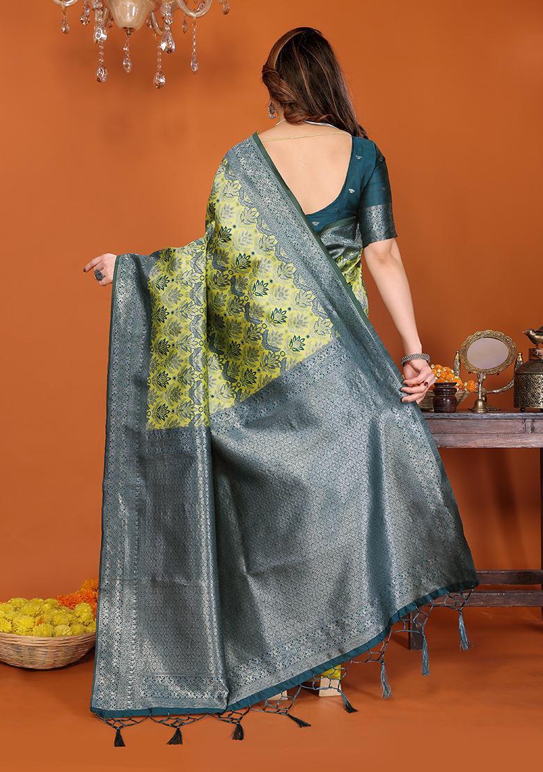 Yellow And Blue Woven Silk Sarees - Indya