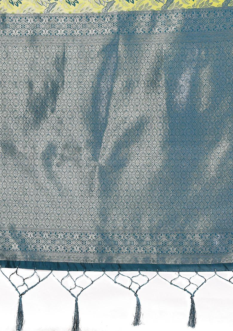 Yellow And Blue Woven Silk Sarees - Indya