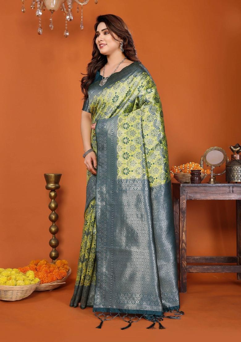 Yellow And Blue Woven Silk Sarees - Indya
