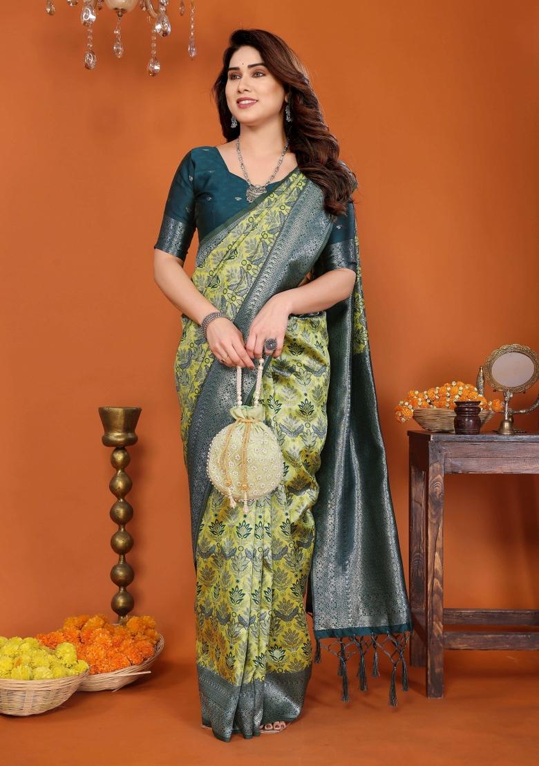 Yellow And Blue Woven Silk Sarees - Indya