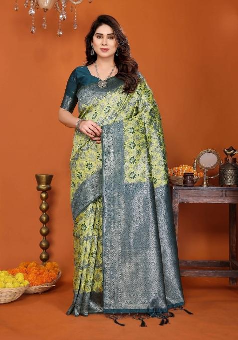 Yellow And Blue Woven Silk Sarees