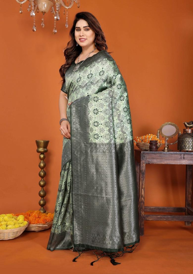 Green Woven Silk Sarees - Indya