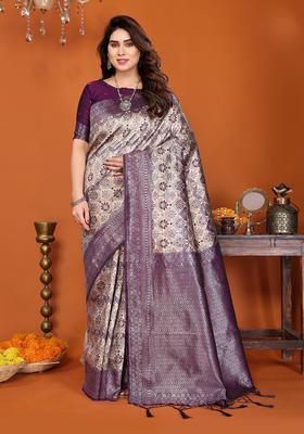 Cream And Purple Woven Silk Sarees
