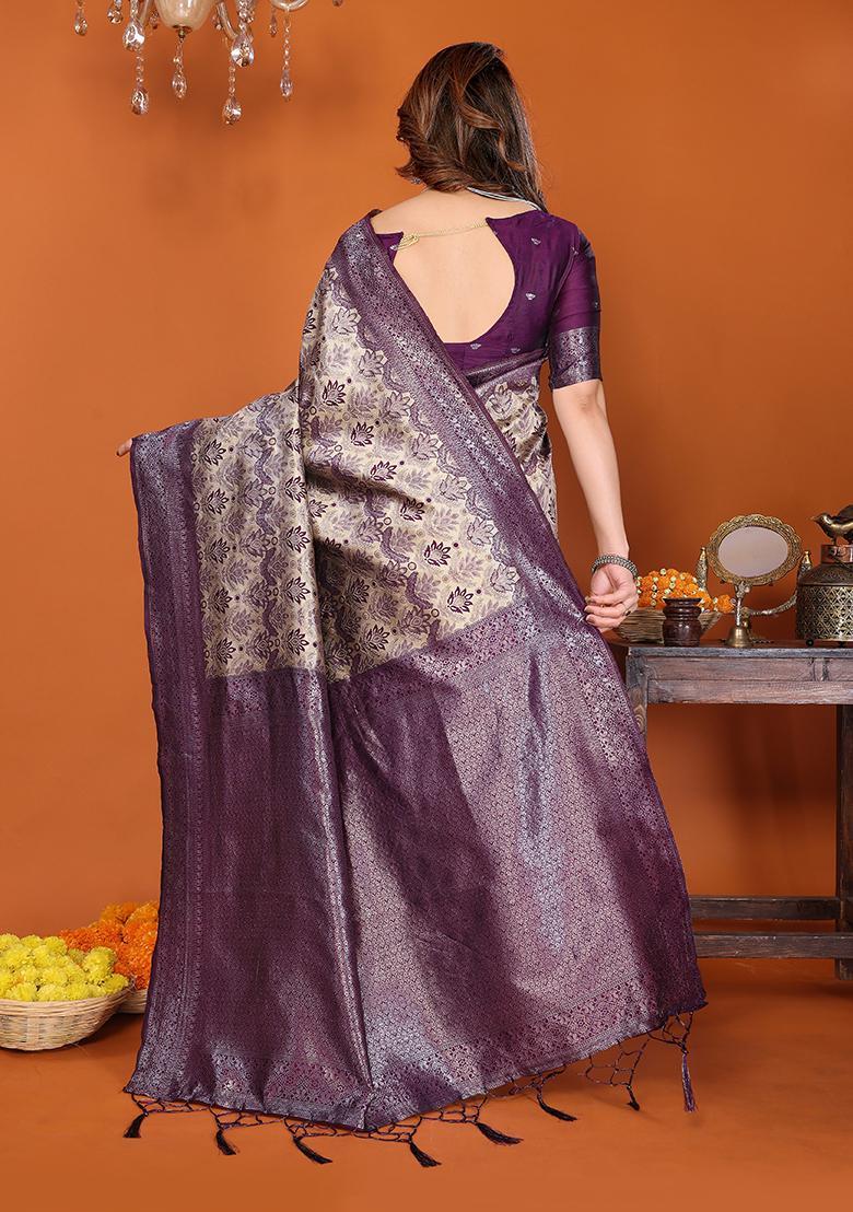 Cream And Purple Woven Silk Sarees - Indya